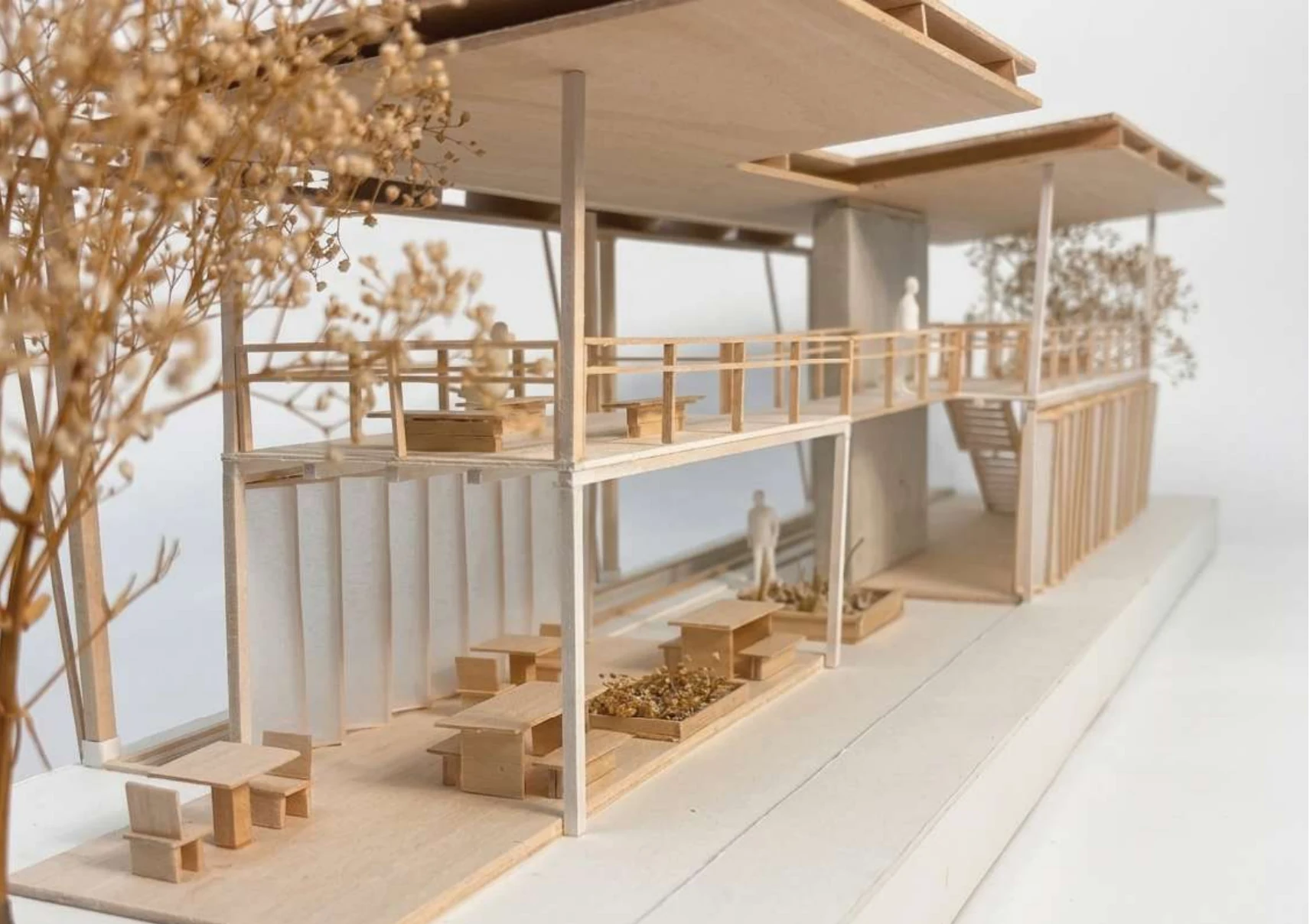 Physical model detail, showing open reading spaces and roof